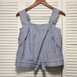 H&M Blue Stripe Crop Top Tie Front Gold Apple Cotton Mix Size 8